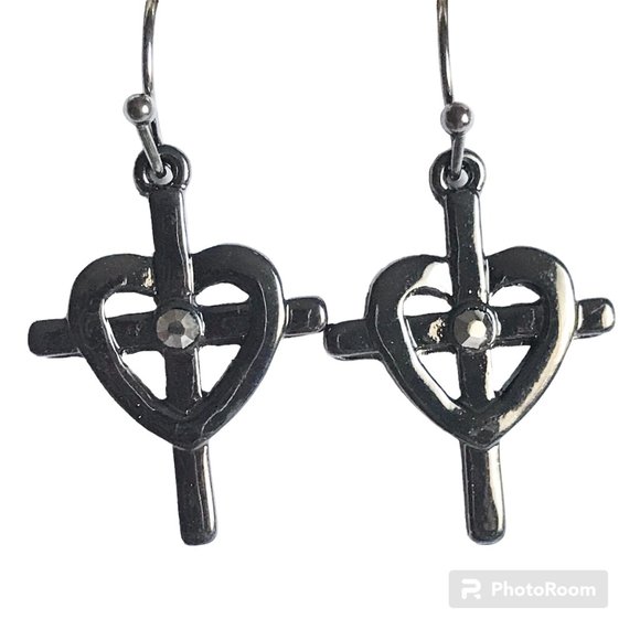 Sacred Heart Cross Earrings Gunmetal Plated Crystal Catholic Christian Gift - Picture 1 of 10